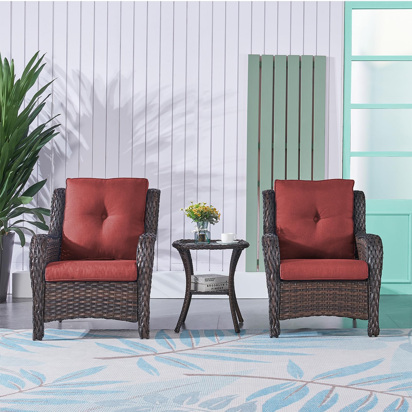 2-Piece Wicker Rattan Patio Furniture Set - High Back Deep Seating Outdoor Chairs for Deck, Porch, Balcony, Backyard & Garden (Brown/Red) - Perfect for Relaxing, Lounging & Entertaining Guests
