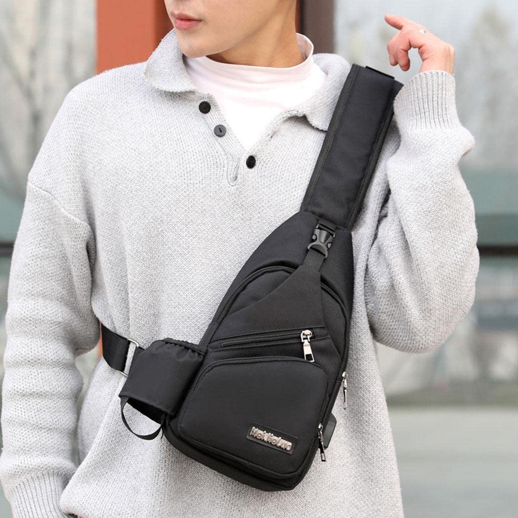 MYADDICTION Men's Sling Chest Bag with USB Charging Port - Waterproof Shoulder Daypack for Travel, Gym & Outdoor Activities | Black Crossbody Bag | Durable & Lightweight | Perfect for Hiking, Commuting & Daily Use