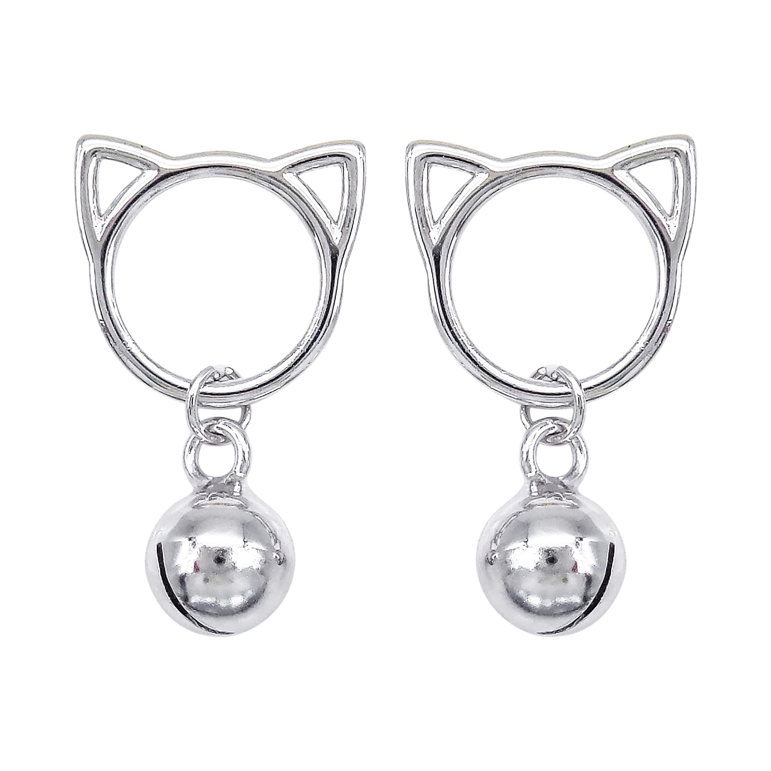 925 Sterling Silver White Gold Plated Cat Head Bell Stud Earrings - Fashion Jewelry for Women, Girls - Perfect for Parties, Dating & Daily Wear