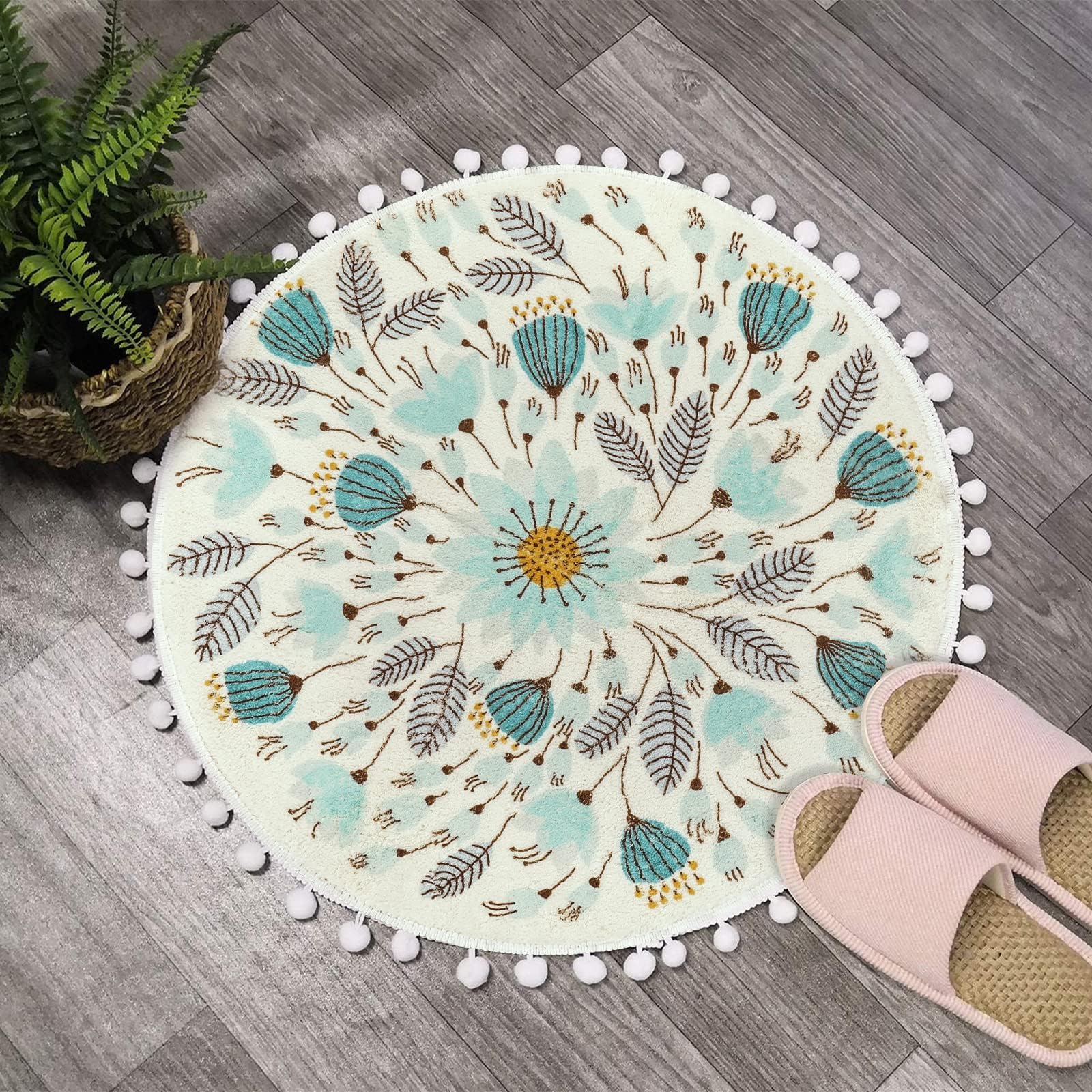Uphome 2' Round Bath Mat - Soft Non-Slip Floral Pom Pom Fringe Washable Small Circle Rug for Bathroom, Shower, Sink, Nursery, Bedroom & Powder Room | Cute Decorative Carpet for Home Decor & Table Centerpiece