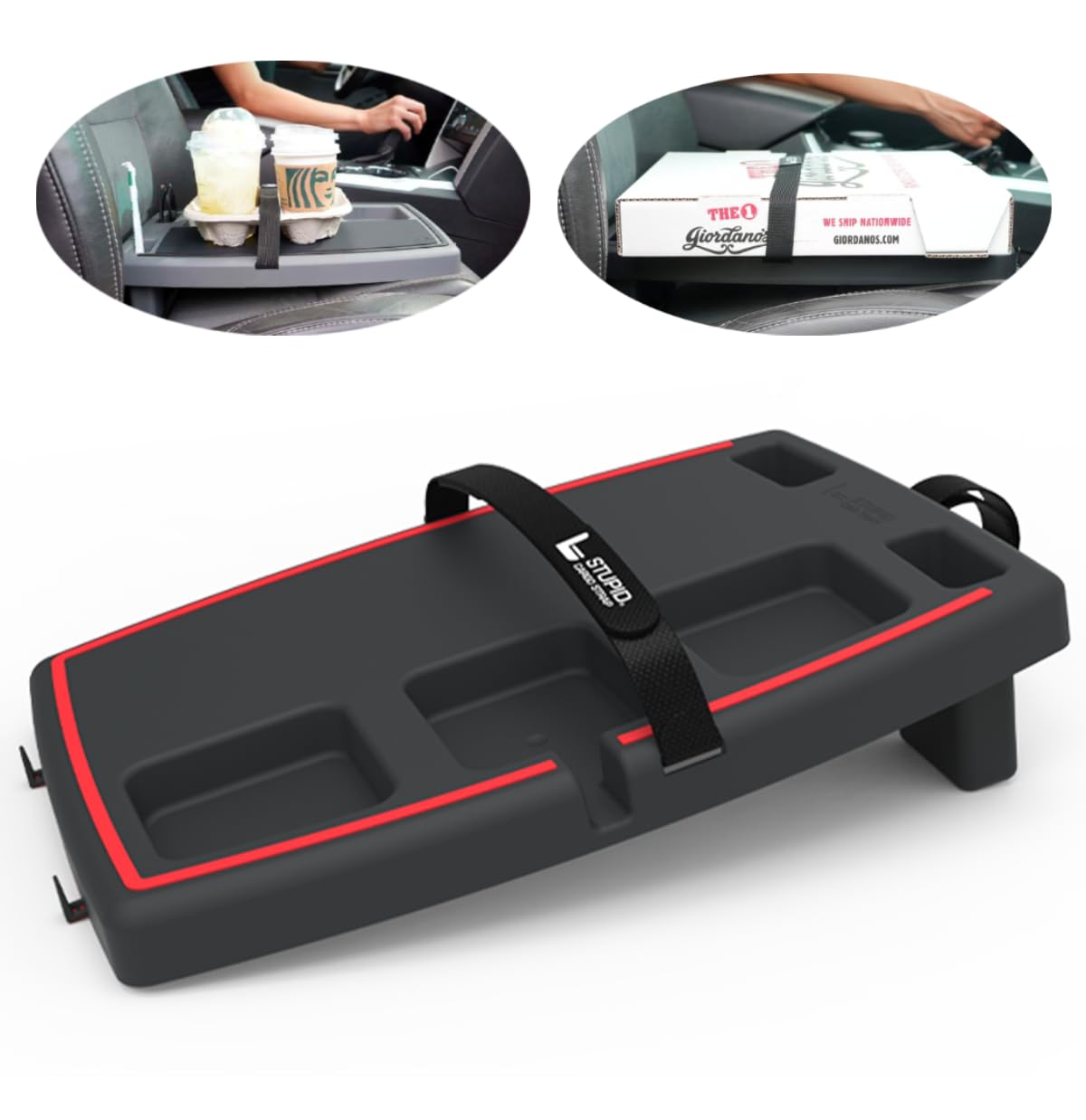 STUPID Car Tray - Premium Car Organizer with 2 Elastic Straps & Quick-Release Seat Anchor - Mobile Office Desk for Cars - Perfect for Road Trips, Food, Laptop Work & Hot Rod Accessories