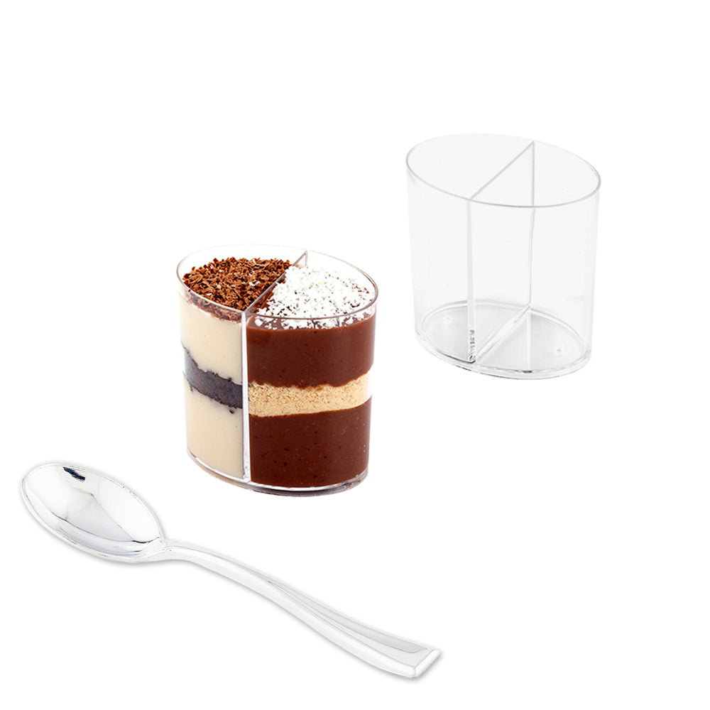 100 Pack 4 oz Clear Plastic Oval Tasting Cups with 100 Silver Mini Plastic Spoons - Perfect for Wine Tasting, Parties, and Catering Events