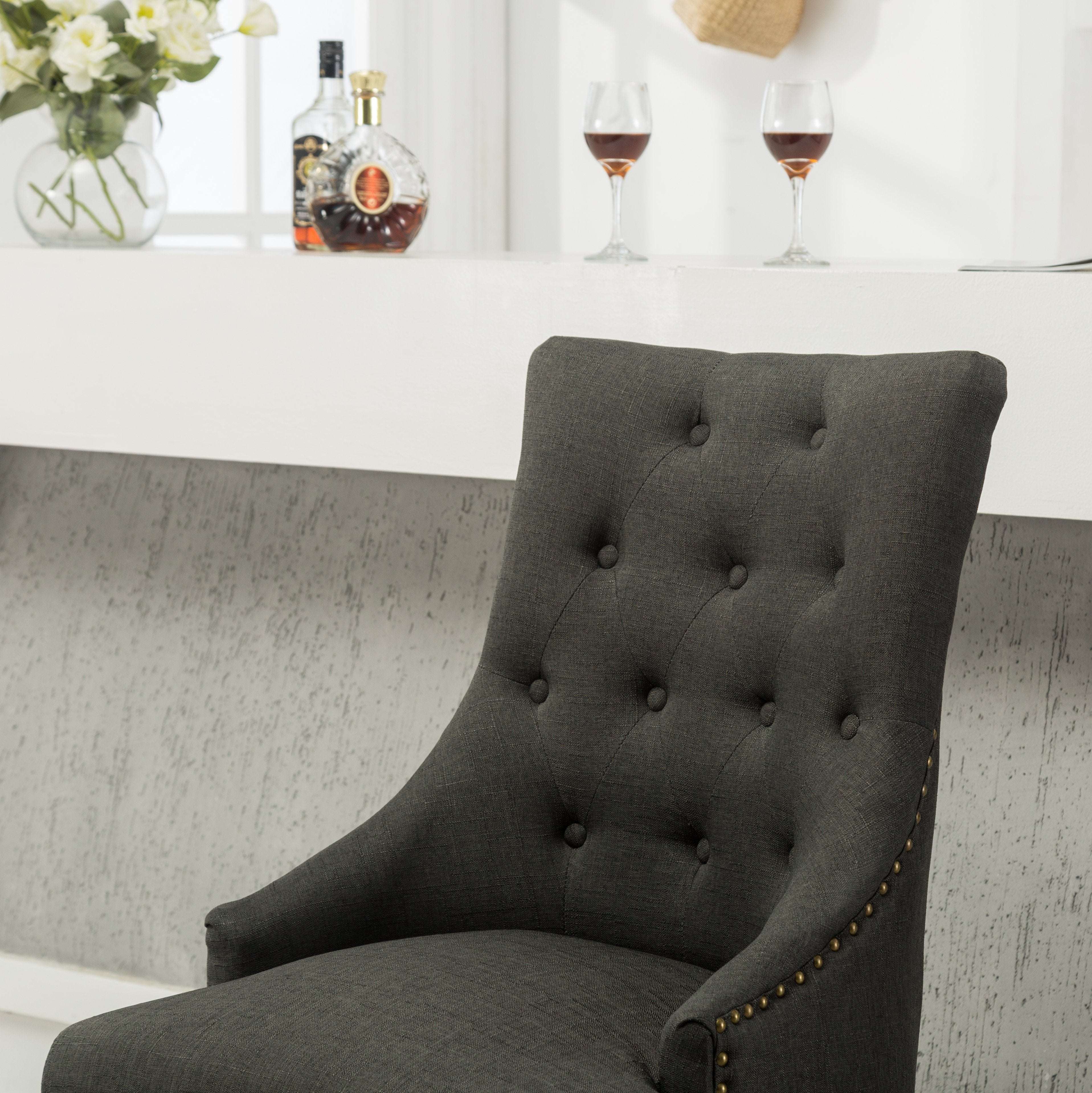 Roundhill Furniture Button Tufted Solid Wood Wingback Hostess Chairs with Nailheads, Set of 2 - Elegant Dining Room Seating for Formal Entertaining & Home Decor