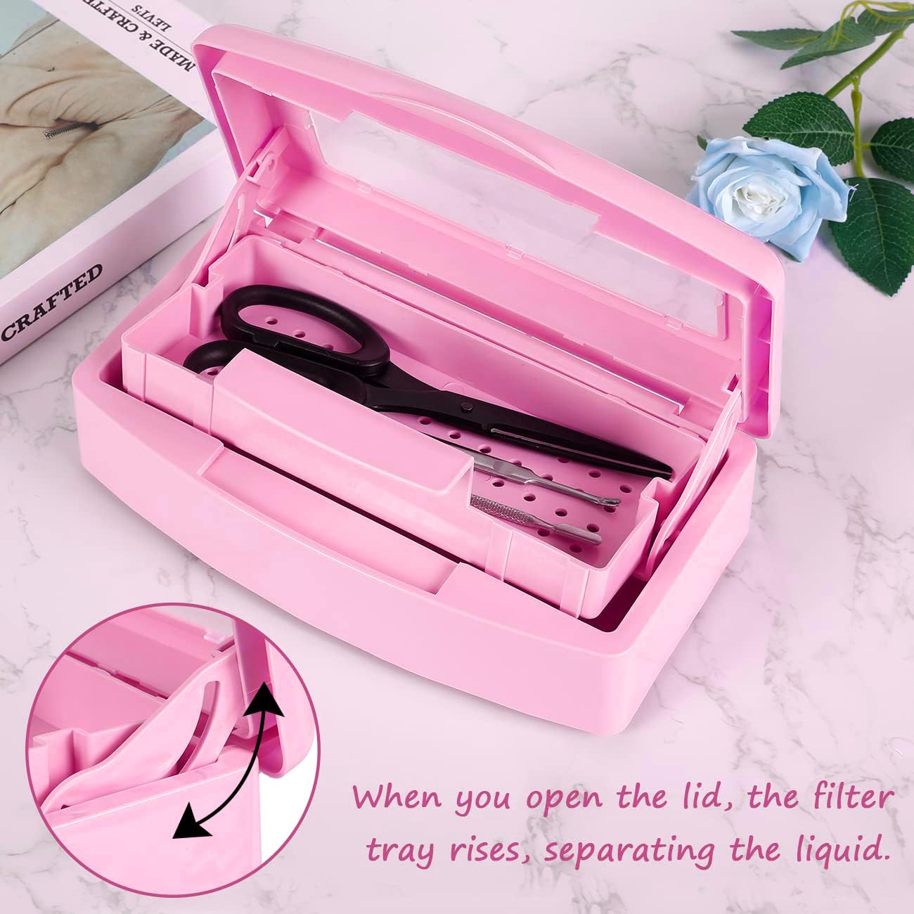 Gusnilo Nail Tool Sterilizer Box - Barbicide Disinfectant Jar for Nail Salon, Beauty Center & Manicure Equipment - Plastic UV Sanitizer Container (Pink) - Perfect for Sanitizing Nail Files, Clippers & Beauty Tools