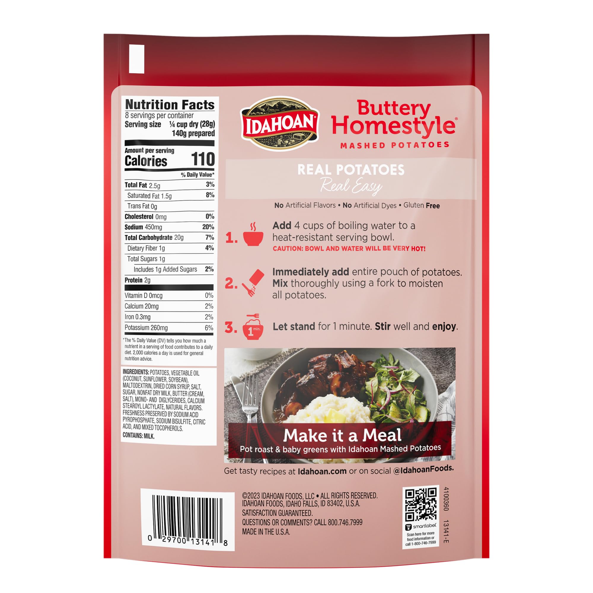 Idahoan Buttery Homestyle Mashed Potatoes, Family Size 8oz (Pack of 8) - Quick & Easy Side Dish for Thanksgiving, Weeknight Dinners & Potlucks