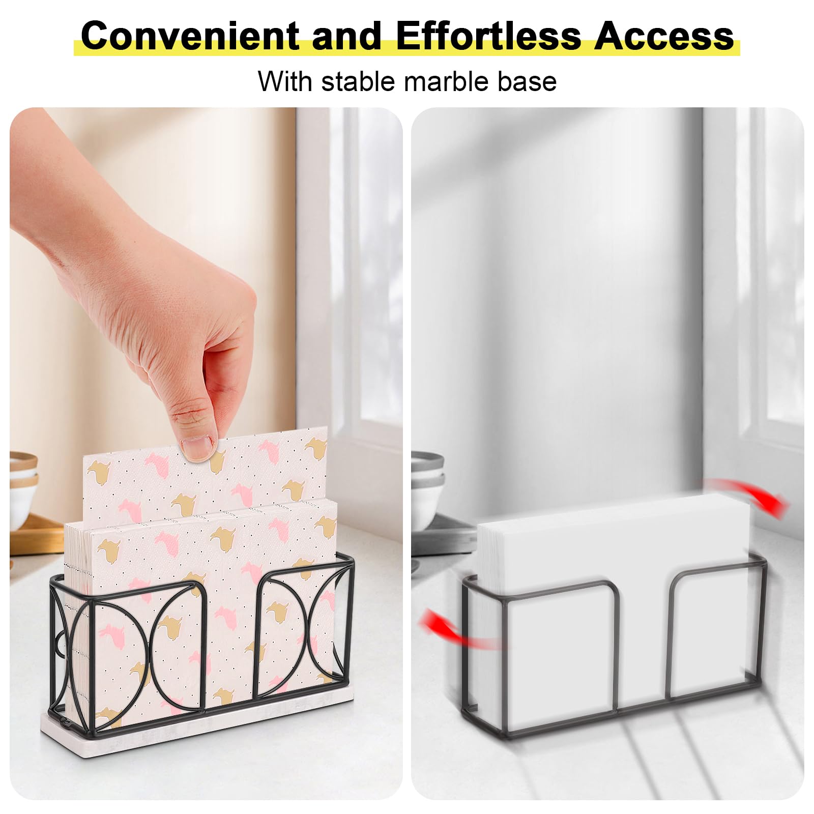 Modern Metal Napkin Holder with Marble Base - Elegant Guest Towel Paper Dispenser for Dining Table, Kitchen & Bathroom Vanity - Matte Black 4 Inch - Perfect for Home Decor, Restaurants & Office Use