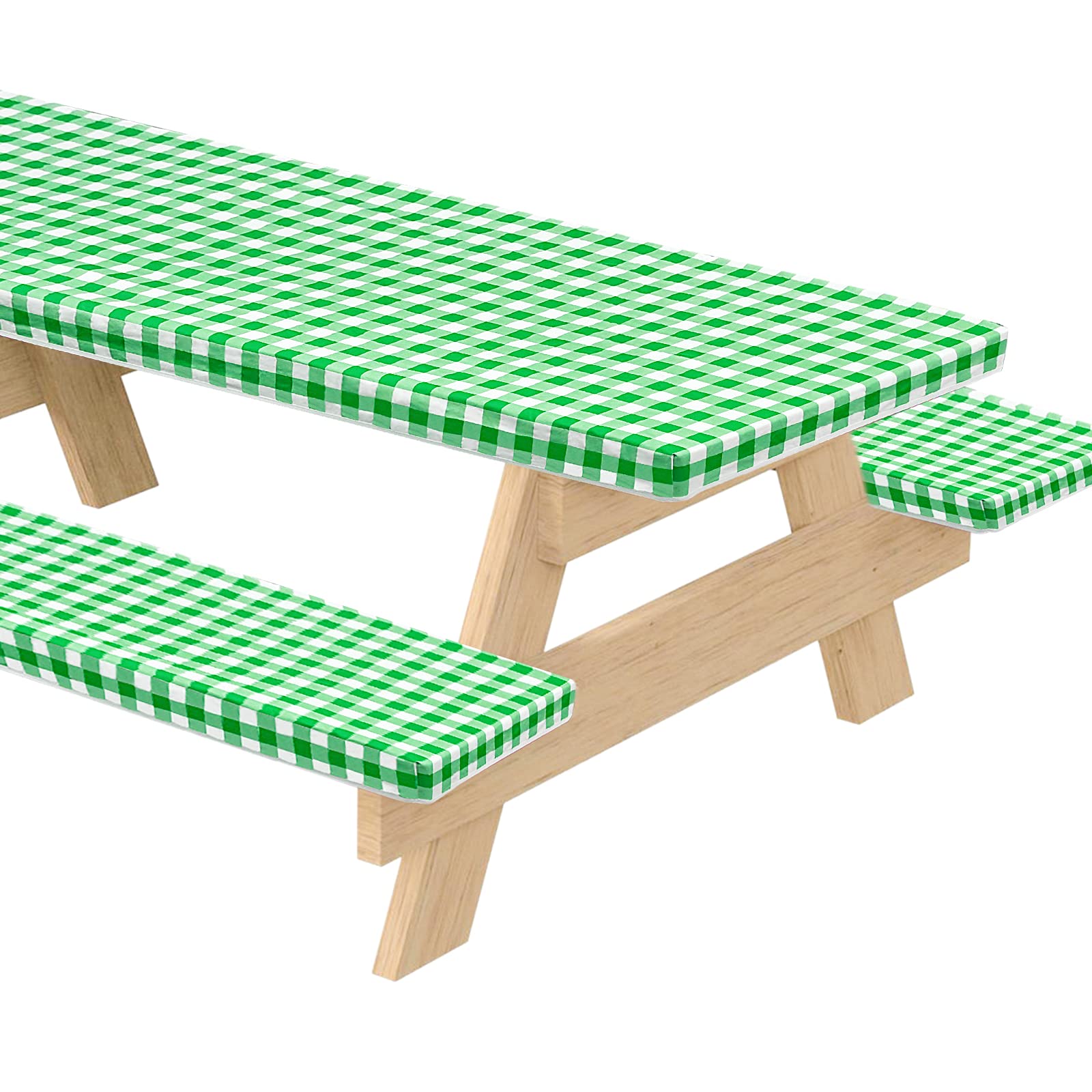 Yoochee 3-Piece Waterproof Vinyl Picnic Table Cover Set with Flannel Backing & Elastic Edge - Checkered Fitted Tablecloth and Bench Covers for Camping, Patio, Backyard BBQs - Indoor Outdoor Use (Green)