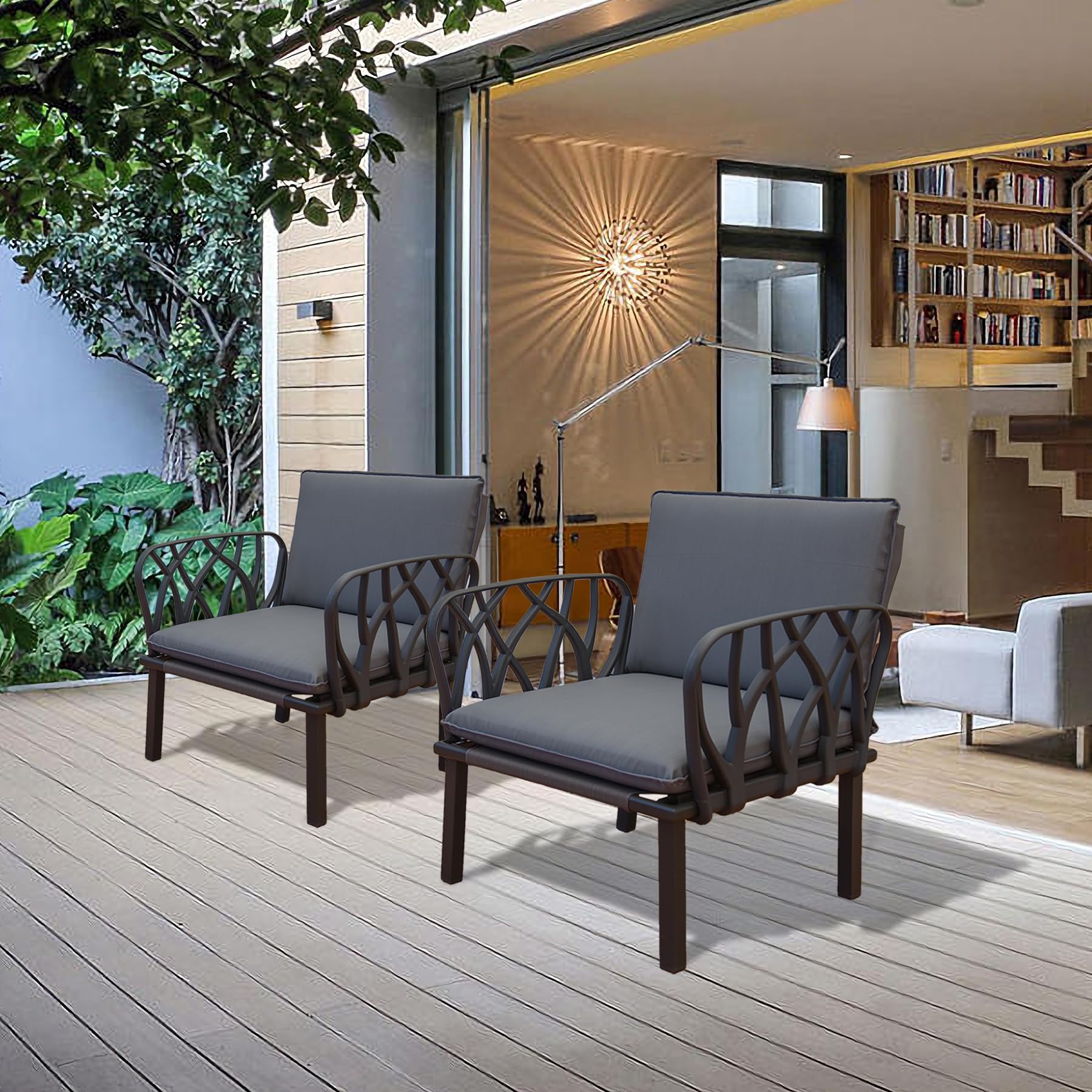 Domi Outdoor Chairs Set of 2 - Modern Patio Dining Chairs with Arms & Removable Gray Cushions, All-Weather Plastic Metal Furniture for Balcony, Backyard, Pool, Porch - Perfect for Relaxing, Entertaining & Outdoor Dining