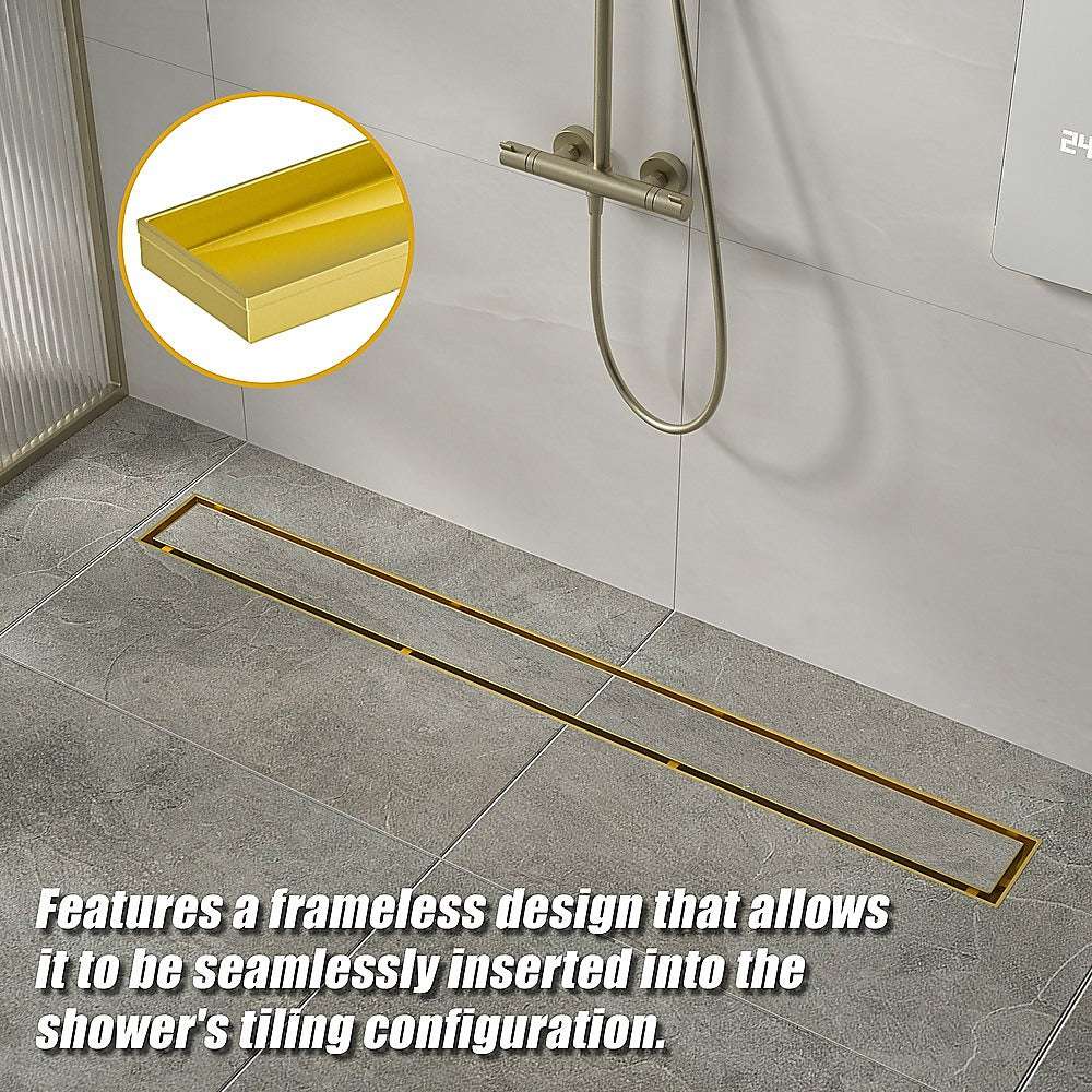 1000mm Brushed Brass Tile Insert Shower Drain with Center Outlet - Bathroom Floor Waste Grate for Modern & Luxury Showers - Perfect for Wet Rooms, Walk-In Showers, and Spa Bathrooms