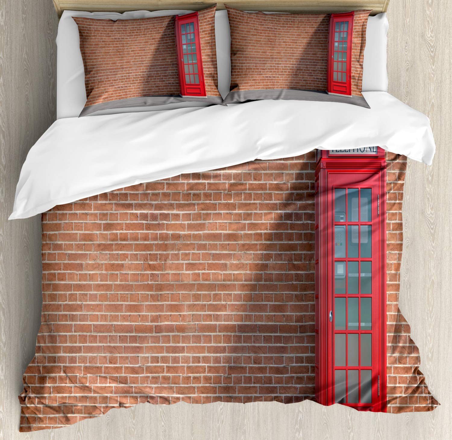 Ambesonne British Telephone Kiosk Duvet Cover Set - London Urban Brick Wall Design, 3 Piece Queen Size Bedding with 2 Pillow Shams in Pale Rust Vermilion | Vintage UK Decor for Bedroom, Dorm & Guest Room