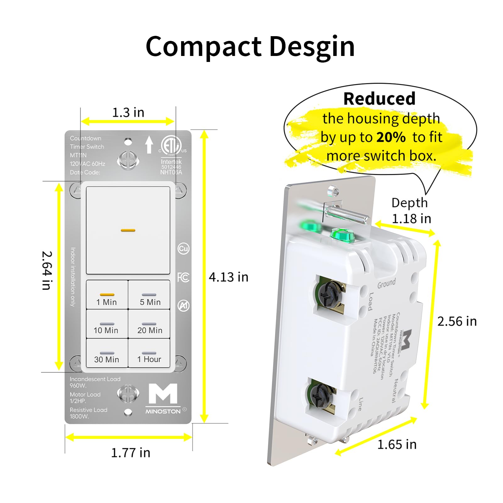 Minoston 1 Hour Countdown Timer Switch with 1-5-10-20-30-60 Minute Settings - ETL & FCC Certified 120VAC 60Hz White Wall Timer (MT11N) - Perfect for Bathroom Fans, Heaters, Lights & Home Automation - Neutral Wire Required