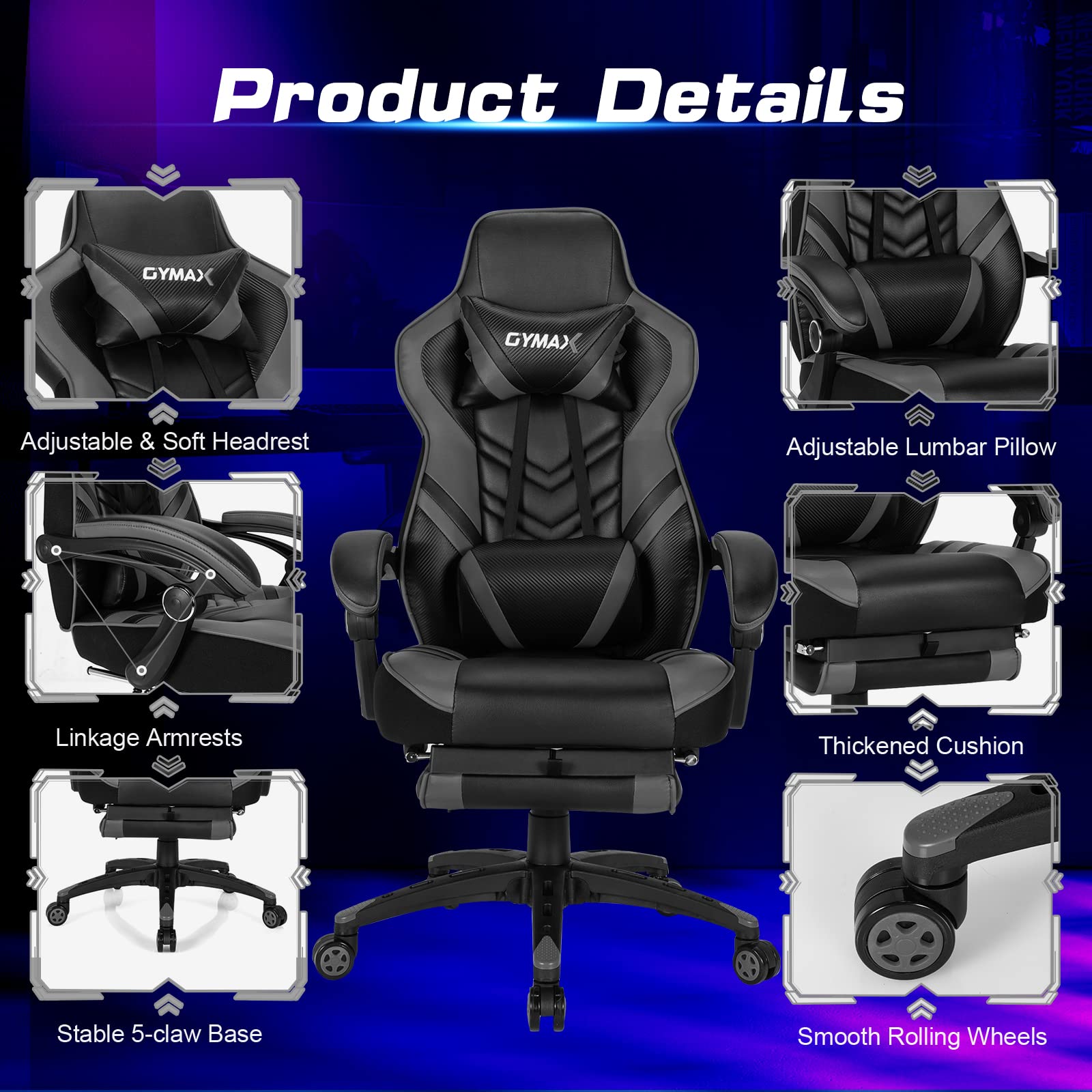 Ergonomic Gray Gaming Chair for Adults & Teens - High Back Reclining Computer Chair with Lumbar Support, Retractable Footrest & Headrest - Racing Style Desk Chair for PC Gamers & Office Work - Perfect for Gaming Setup, Home Office & Esports Tournaments