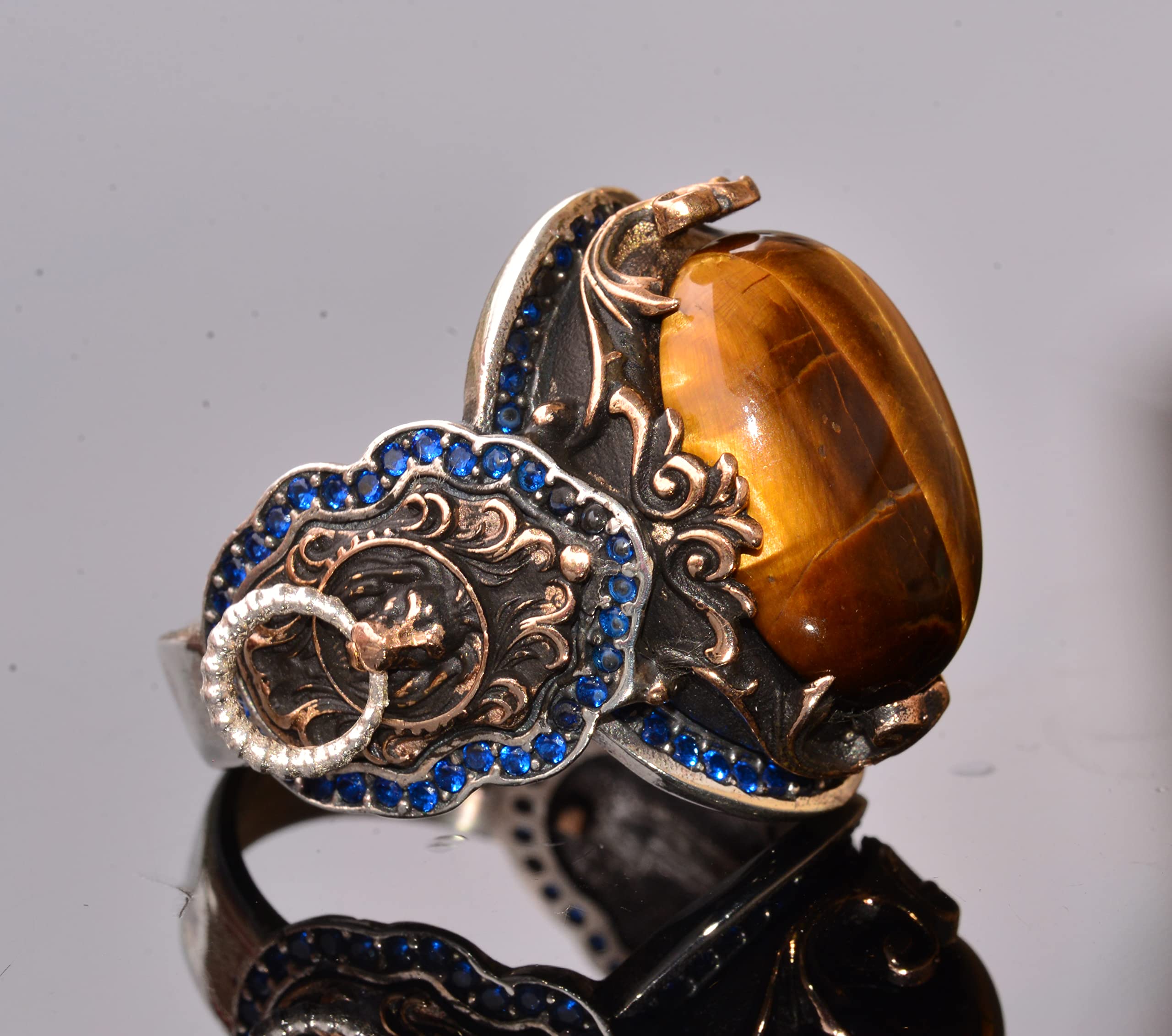 Handmade 925 Sterling Silver Men's Ring with Genuine Gemstone - Lion Design Gold Plated Birthstone Jewelry for Men - Perfect Gift for Birthday, Anniversary & Special Occasions