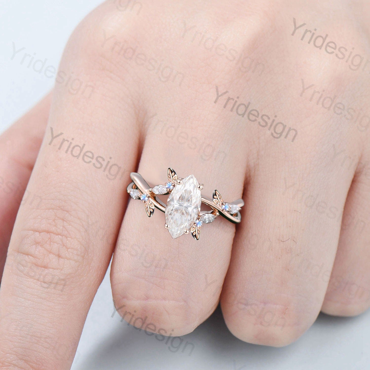 Natural Inspired Marquise Moissanite Ring with Unique Leaves Branch Design - Elegant Moissanite Engagement Ring Featuring Cluster Moonstone & Split Shank Twig - Perfect for Wedding, Anniversary, and Romantic Occasions