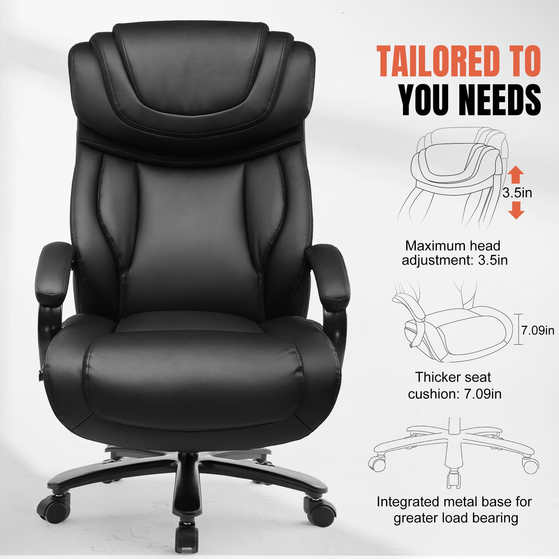 COMHOMA Big and Tall Office Chair 650lbs Capacity - Ergonomic Computer Desk Chair with Adjustable Headrest, 6-Way Rocking & Swivel - High Back Executive Leather Chair with Thickened Armrests - Perfect for Home Office, Gaming, and Long Work Sessions