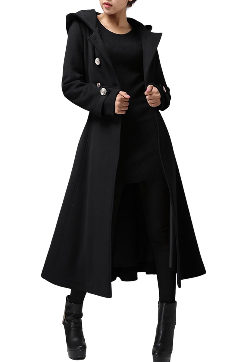 Cicy Bell Women's Long Double-Breasted Hooded Winter Wool Trench Coat with Belt - Warm Outerwear for Cold Weather, Office & Casual Wear