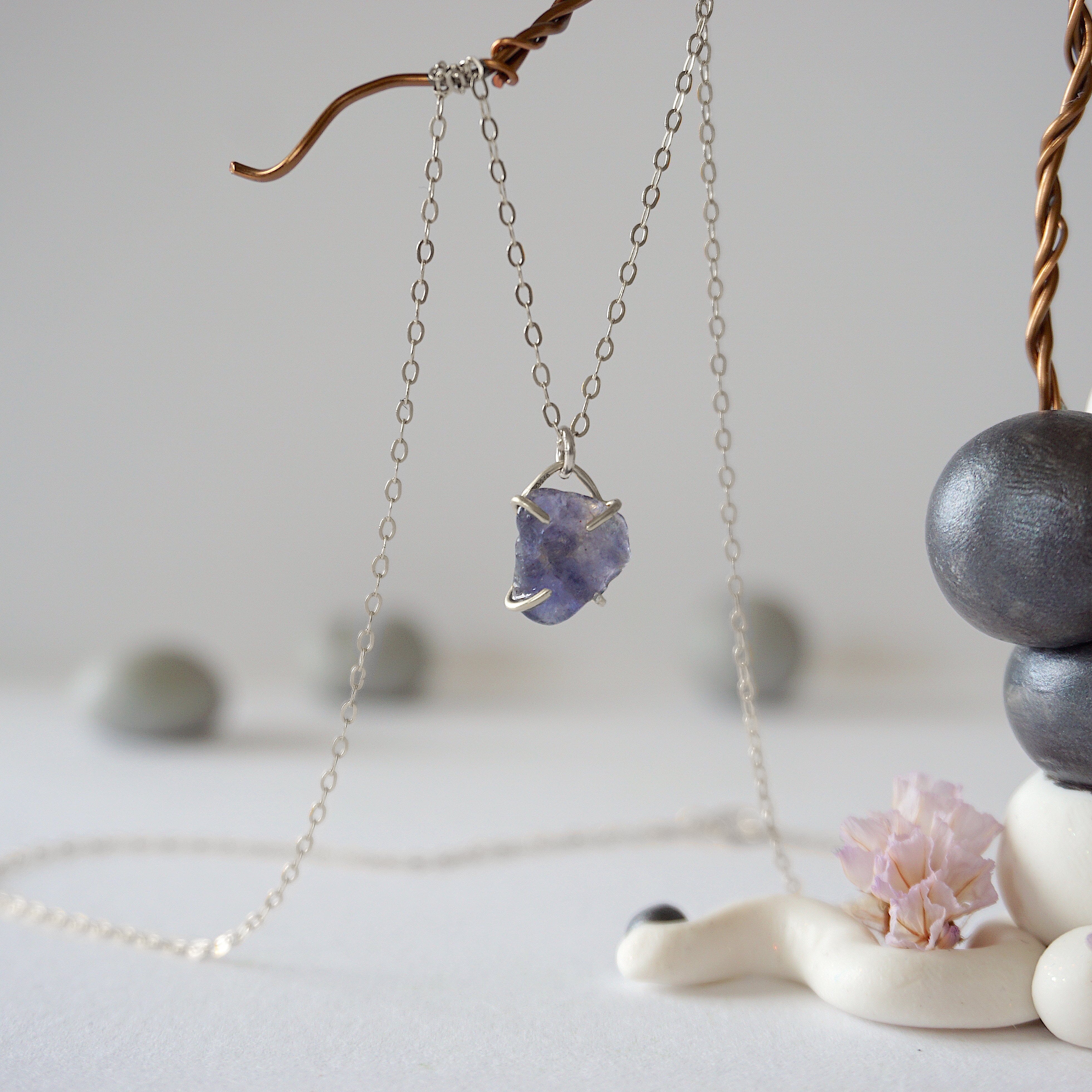 Iolite Sapphire Necklace - Sterling Silver Huggie Charm Pendant for Women | Elegant Jewelry Gift for Birthday, Anniversary & Special Occasions