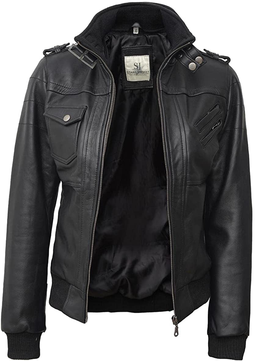 Women's Black Leather Bomber Jacket with Removable Hood - Stylish & Versatile Outerwear for Casual, Work & Night Out (Large)