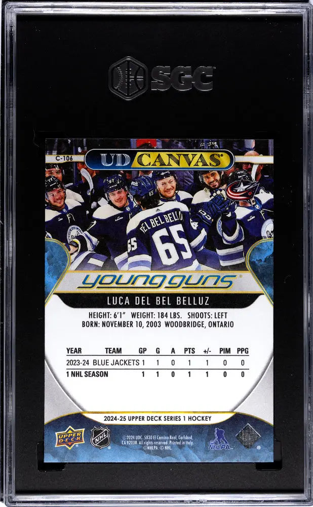 2024 Upper Deck Series 1 Luca Del Bel Belluz UD Canvas Young Guns Rookie Card SGC 10 Gem Mint - Perfect for Hockey Card Collectors and Sports Memorabilia Enthusiasts