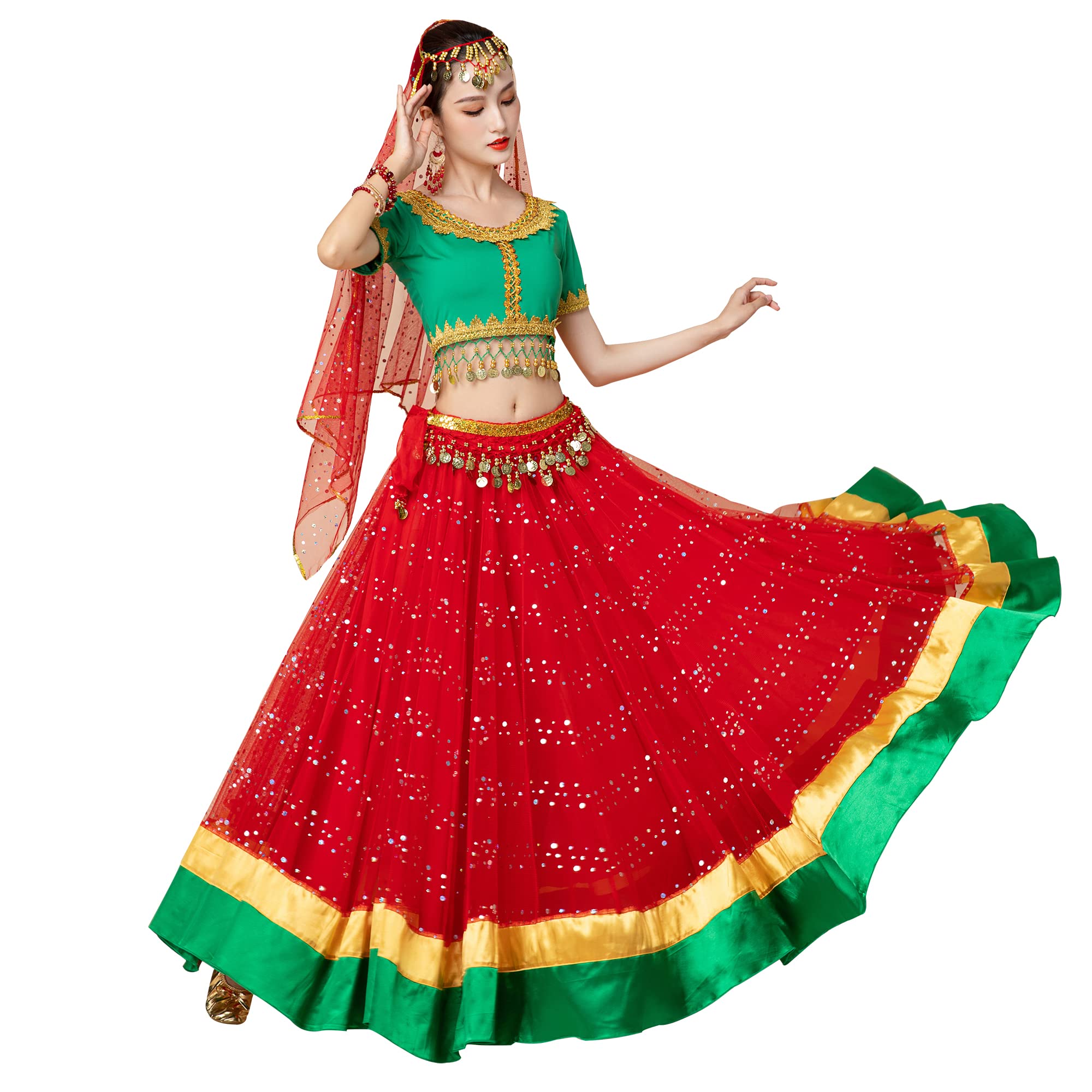 MISI CHAO Women's Belly Dance Costume - Elegant Bollywood Chiffon Dress with Head Veil for Halloween, Parties & Performances | Perfect for Dance Shows, Themed Events & Cosplay