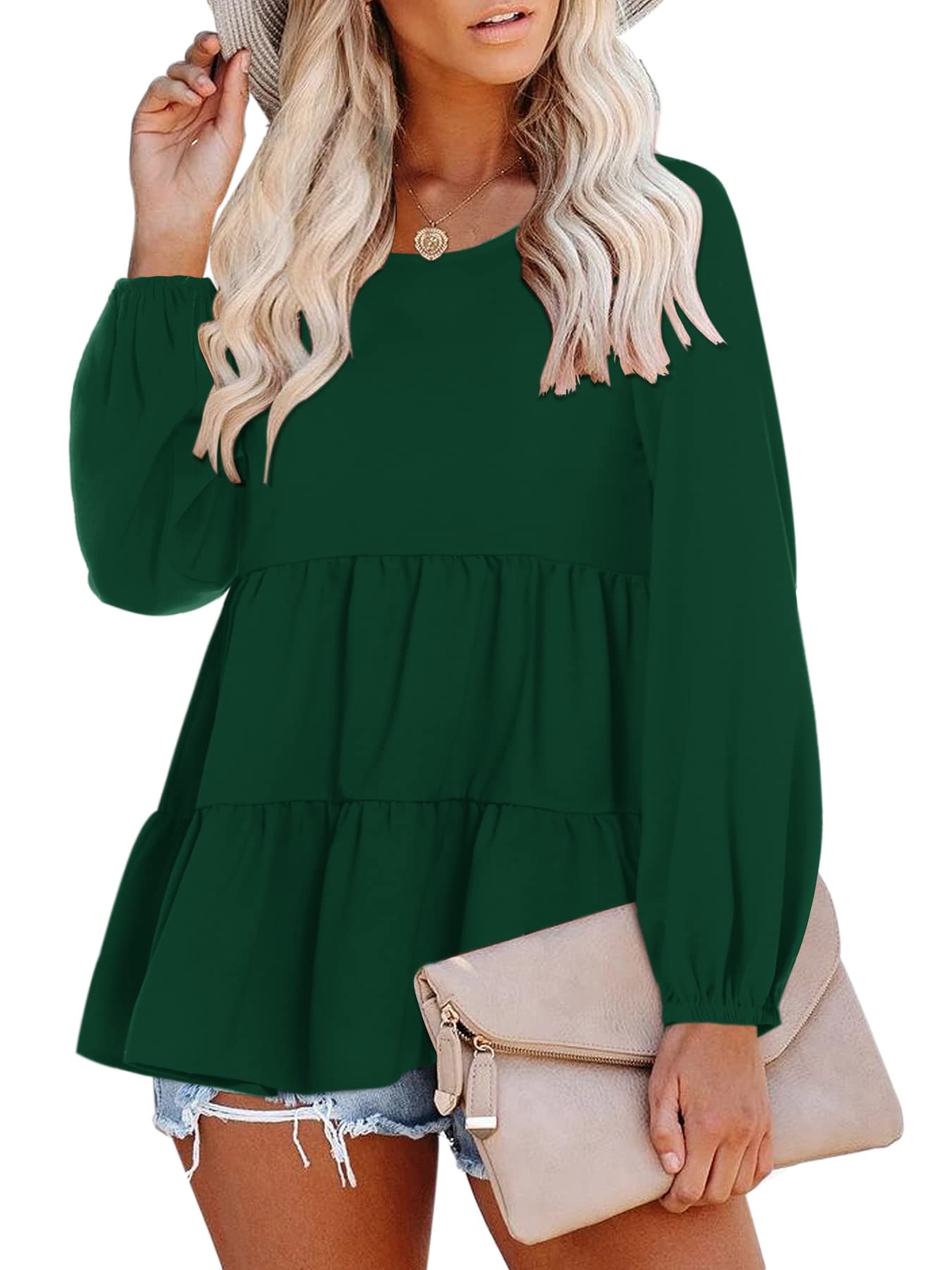 Beluring Women's Long Sleeve Babydoll Peplum Blouse - Solid Dark Green Top Size L | Perfect for Date Night, Office Wear & Casual Outfits