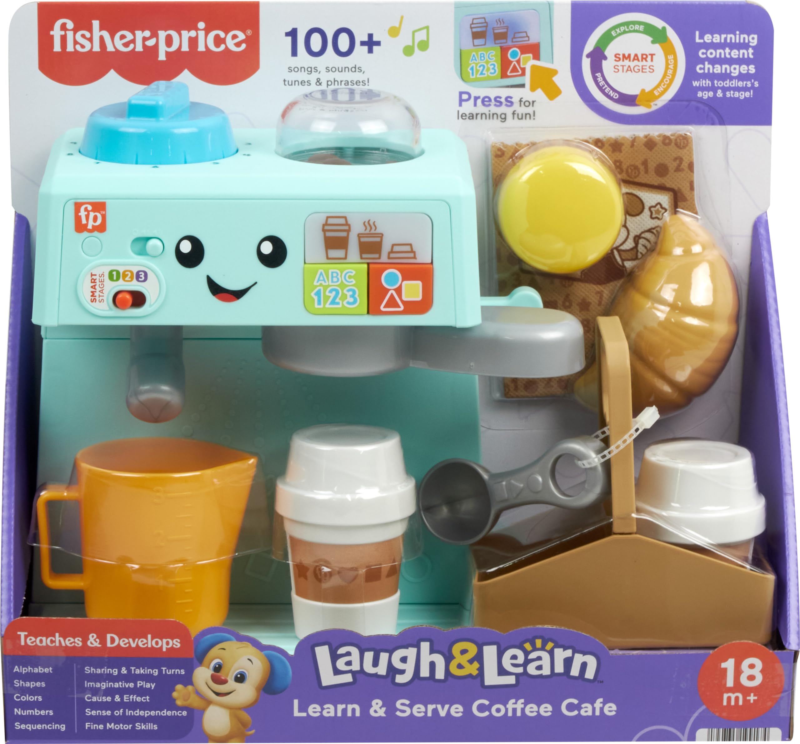 Fisher-Price Learn & Serve Coffee Café Playset - Toddler Toy with Smart Stages Technology, 10-Piece Set for Kids Ages 18+ Months (Multilingual) - Pretend Play Kitchen Set for Early Learning & Role-Playing Fun