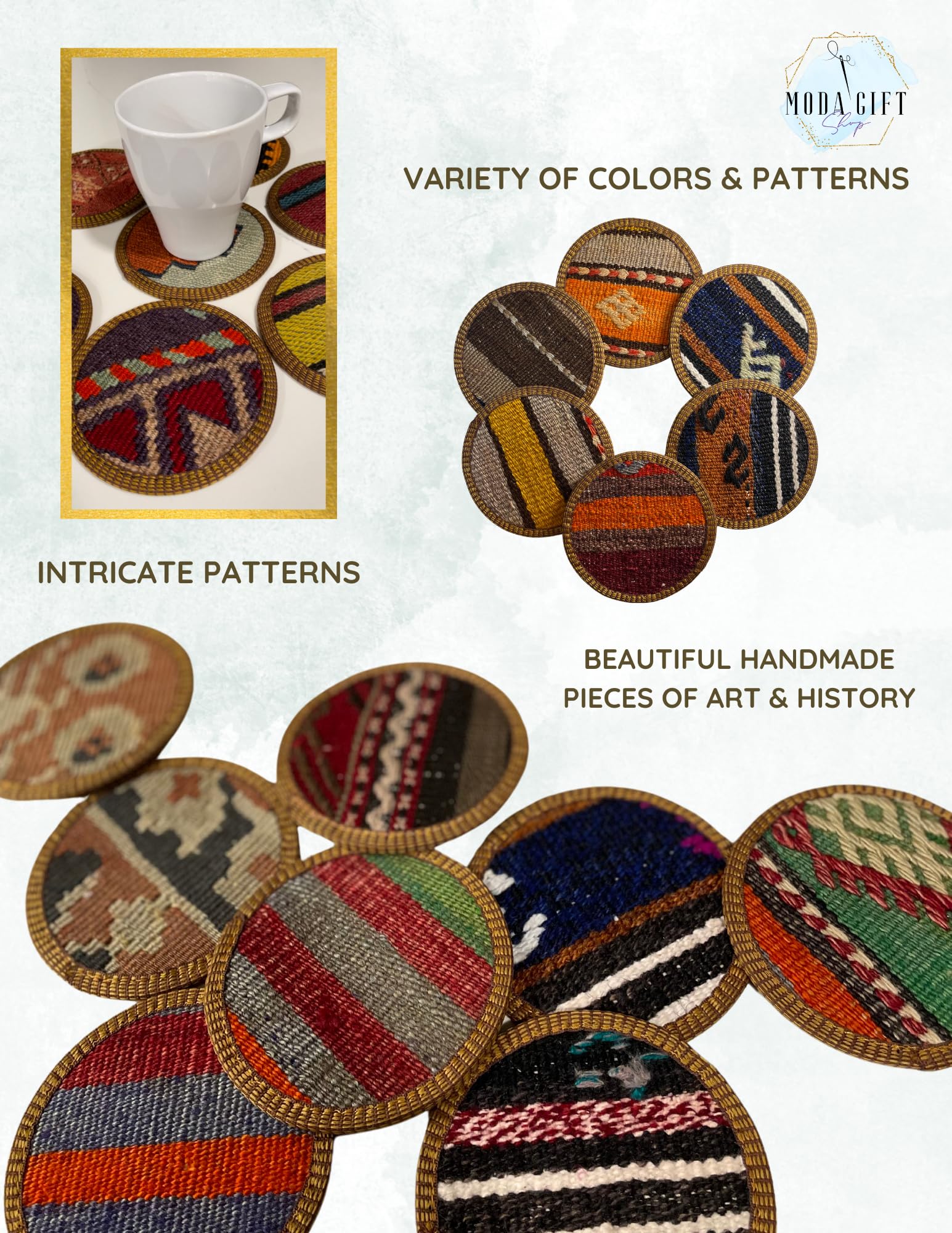 Authentic Turkish Kilim Coaster Set - 6 Bohemian Fabric Coasters for Drinks, Midwestern Home Decor & Table Setting - Handwoven Cotton Coasters for Coffee Tables, Dining & Gift Giving