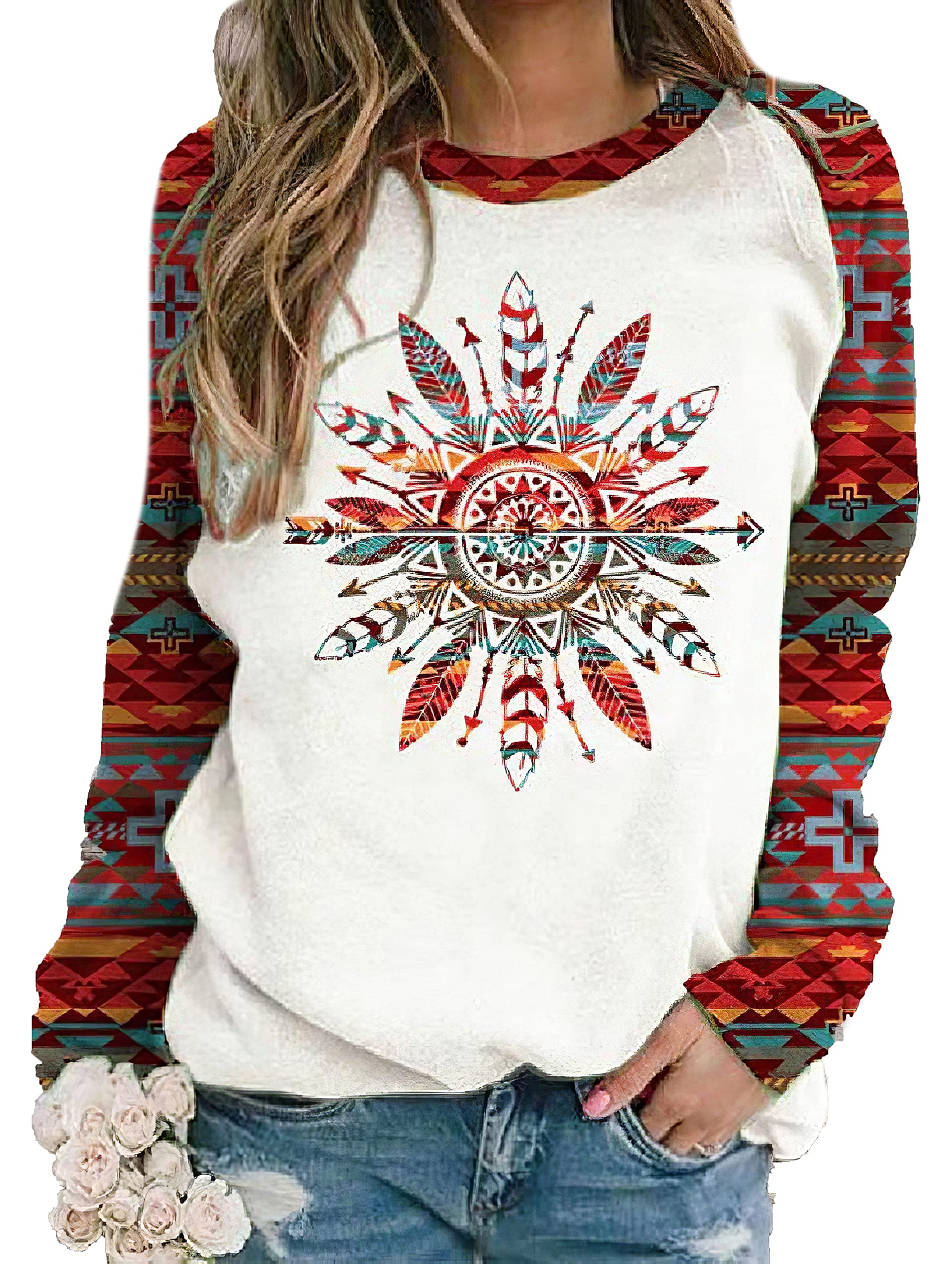 Vintage Aztec Print Women's Sweatshirt - Casual Long Sleeve Crewneck for Western Style