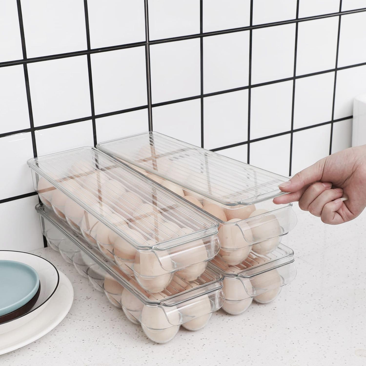 Clear Stackable Acrylic Egg Container for Refrigerator - 14 Egg Organizer Holder with Narrow Design, Plastic Egg Storage Bins for Fridge Organization (2PCS) - Perfect for Kitchen Storage, Pantry Organization & Breakfast Meal Prep