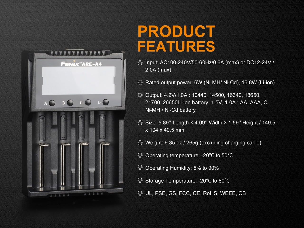Fenix ARE A4 Universal Battery Charger for AA AAA NiMH NiCd - Perfect for Home, Travel, and Emergency Preparedness