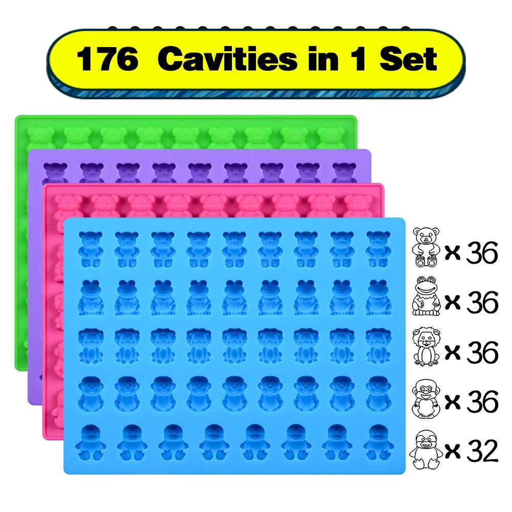 Premium Silicone Candy Molds for Gummy Bears, Chocolate - 4-Pack with 2 Droppers (Bears, Frogs, Lions, Monkeys, Penguins) - Perfect for DIY Candy Making, Baking, and Party Treats