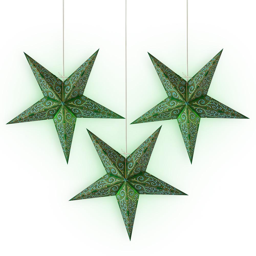 3 Pack 24 Green Vines Paper Star Lanterns with LED Bulbs & Lamp Cord - Hanging Decor for Indoor Outdoor Parties, Weddings, Garden & Patio Lighting