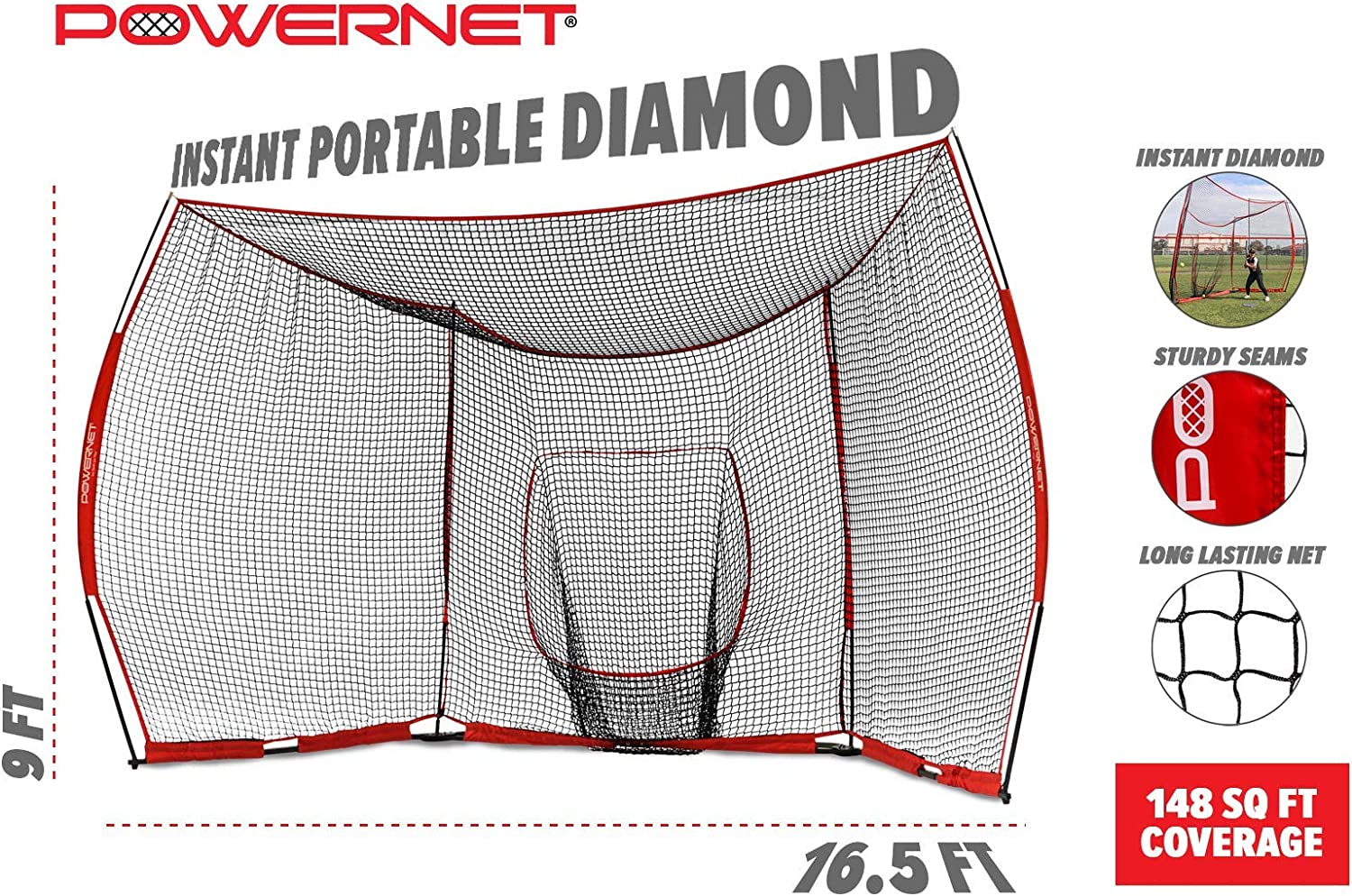 PowerNet Large Portable Baseball Backstop - Heavy Duty Practice Net for Baseball & Softball Training, Backyard, Park, and Field Use