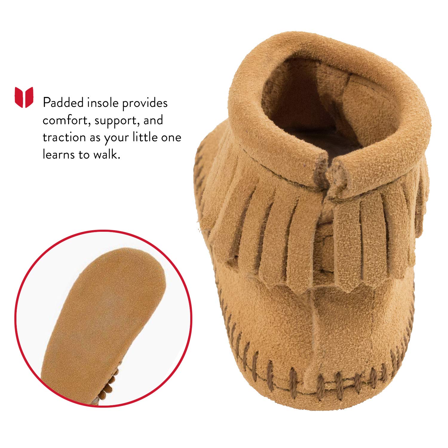 Minnetonka Velcro Back Flap Bootie for Toddlers - Soft Leather Baby Moccasins for Boys & Girls - Comfortable First Walkers Shoes for Indoor & Outdoor Play