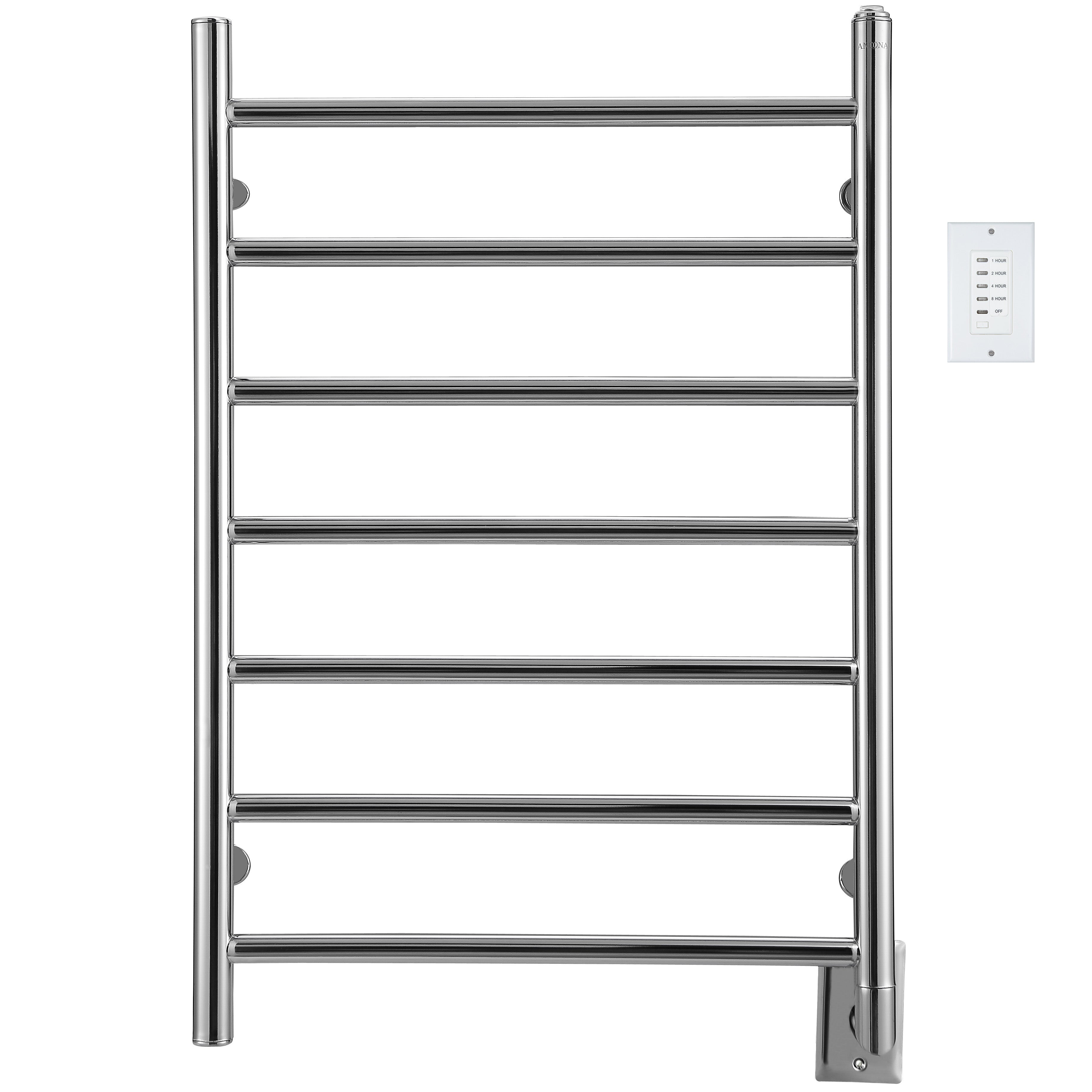 Chrome Stainless Steel 7-Bar Hardwired Towel Warmer with Wall Timer - Bathroom Luxury Heated Towel Rack for Spa, Hotel & Home Use