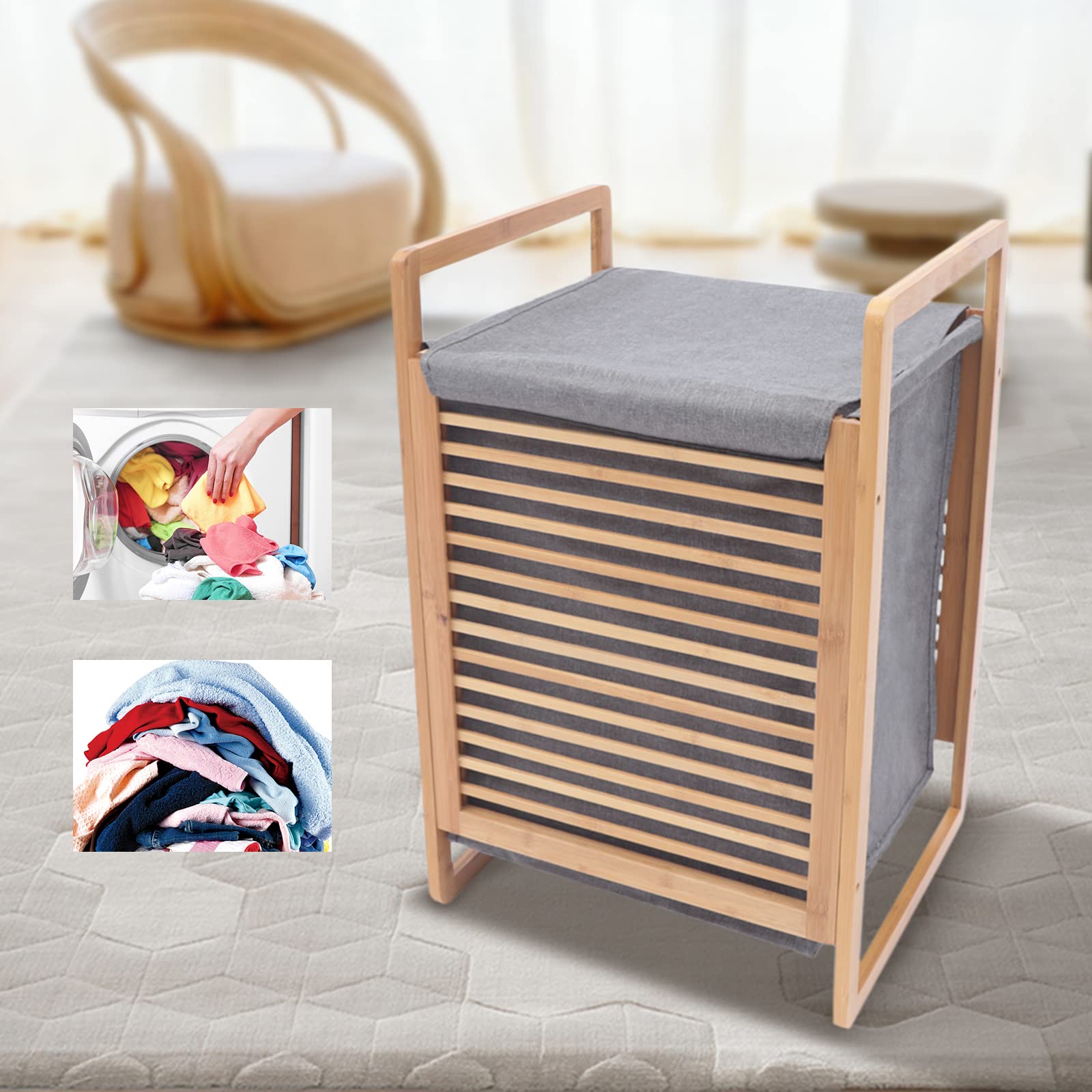 Portable Bamboo Laundry Hamper with Lid & Handles - Freestanding Clothes Organizer for Bedroom, Bathroom & Laundry Room - Foldable Dirty Clothes Storage Basket with 1 Section & Floor Stand - Ideal for Home, Dorm & Apartment Organization