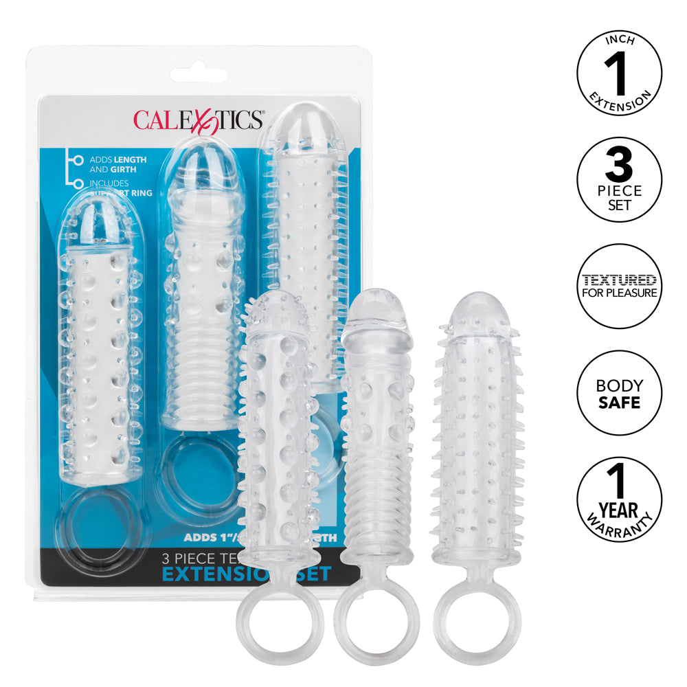 3 Piece Cock Ring & Textured Penis Extension Sleeve Set for Enhanced Pleasure - Couples Sex Toys for Men, Stretching Sleeves for Intimate Play & Sensual Massage