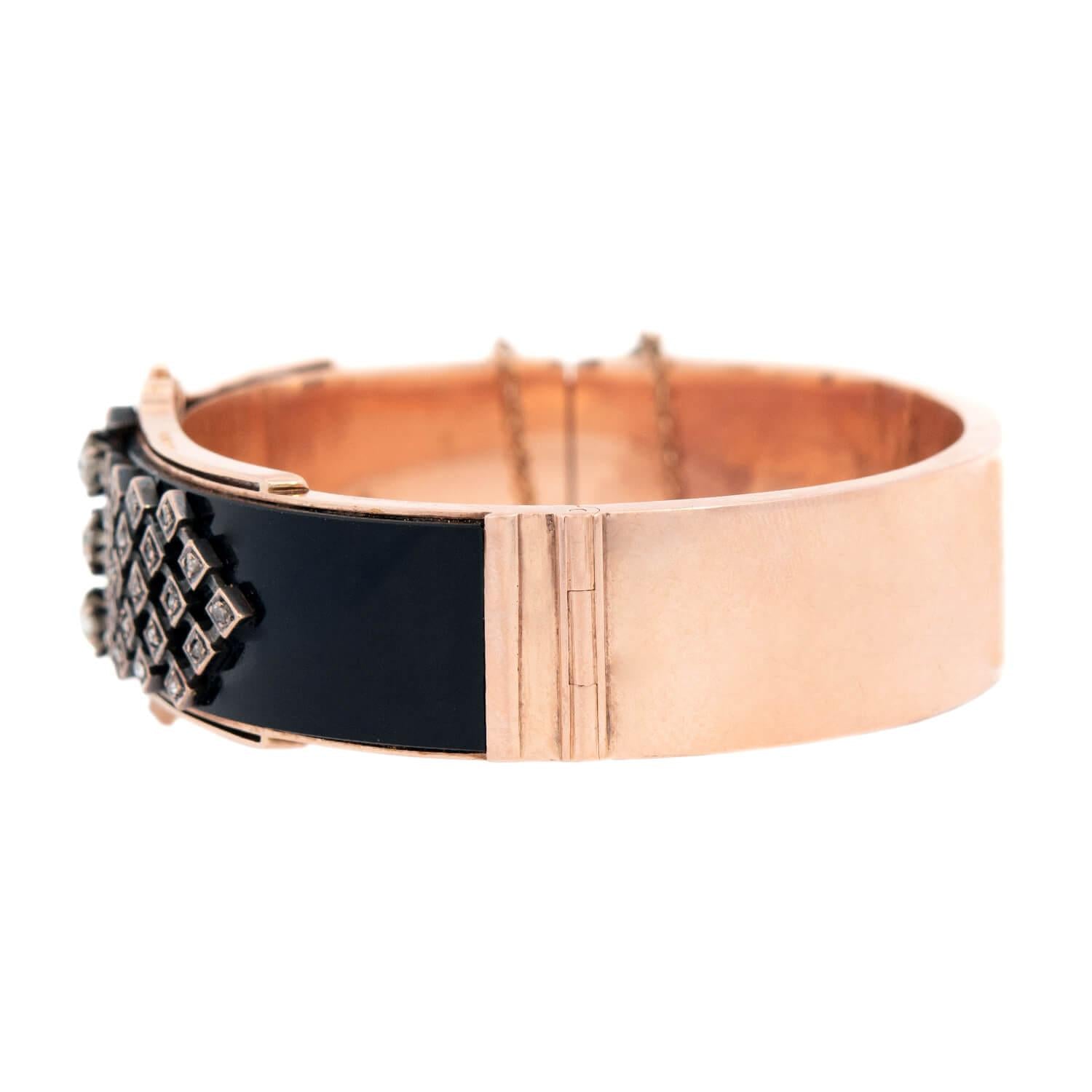Victorian Style 15k Gold Diamond & Onyx Bangle Bracelet - Elegant Antique Jewelry for Women, Perfect for Weddings, Parties & Special Occasions