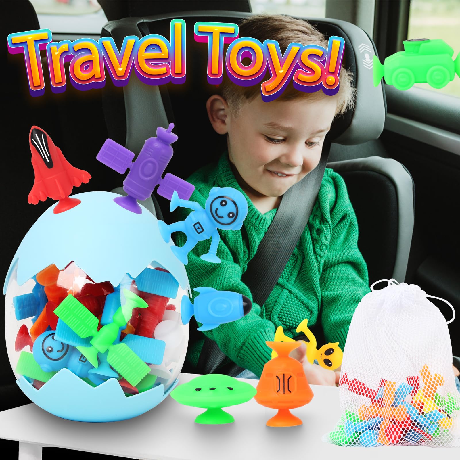 20-Piece Outer Space Bath Toys for Kids - No Hole Sensory Suction Cup Toys with Eggshell & Storage Bag, Fun Building Window Play for Toddlers Boys & Girls Ages 3-6 - Perfect for Bathtime Fun & Early Learning Development