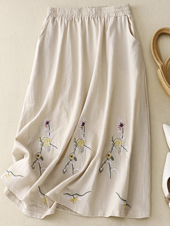 Lovevop Women's Floral Embroidered Cotton Maxi Skirt with Side Pockets - Boho Chic Loose Beach Skirt for Summer Vacations & Casual Outings