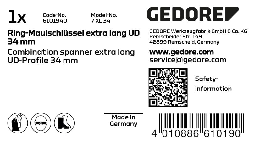 GEDORE 7 XL 34 Extra Long Combination Spanner 34mm - Professional Heavy-Duty Wrench for Automotive & Industrial Use
