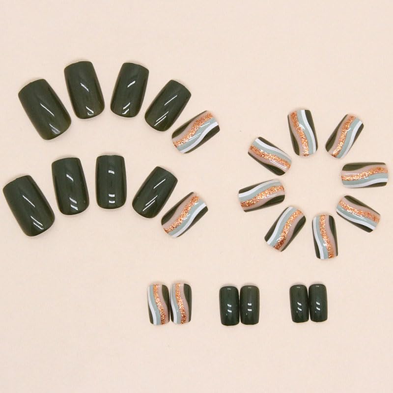 Fashion Gold Wave Design Short Medium Square Press on Nails - 24Pcs Acrylic Full Cover Fake Nails for Women & Girls - Perfect for Daily Wear, Wedding, Parties & Special Occasions