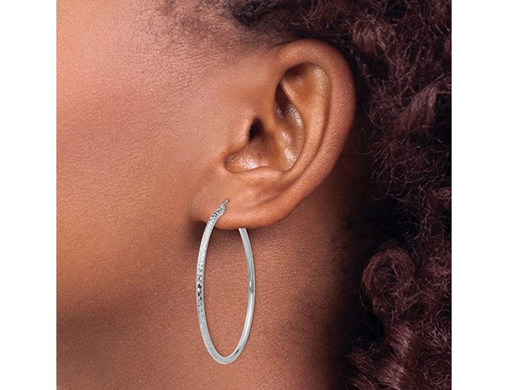 14K White Gold Medium Diamond Cut Hoop Earrings - 1 3/4 Inch (2.00 mm) Dainty Everyday Jewelry for Women, Perfect for Work, Date Night & Special Occasions