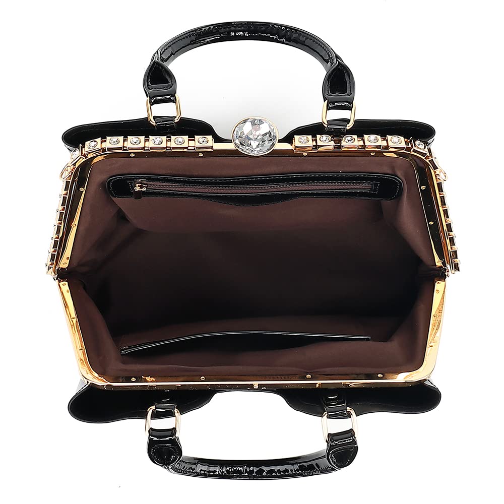 Stylish Black Patent Leather Satchel Handbag for Women - Top Handle with Kiss Lock, Shoulder & Crossbody Bag - Perfect for Work, Travel & Everyday Use