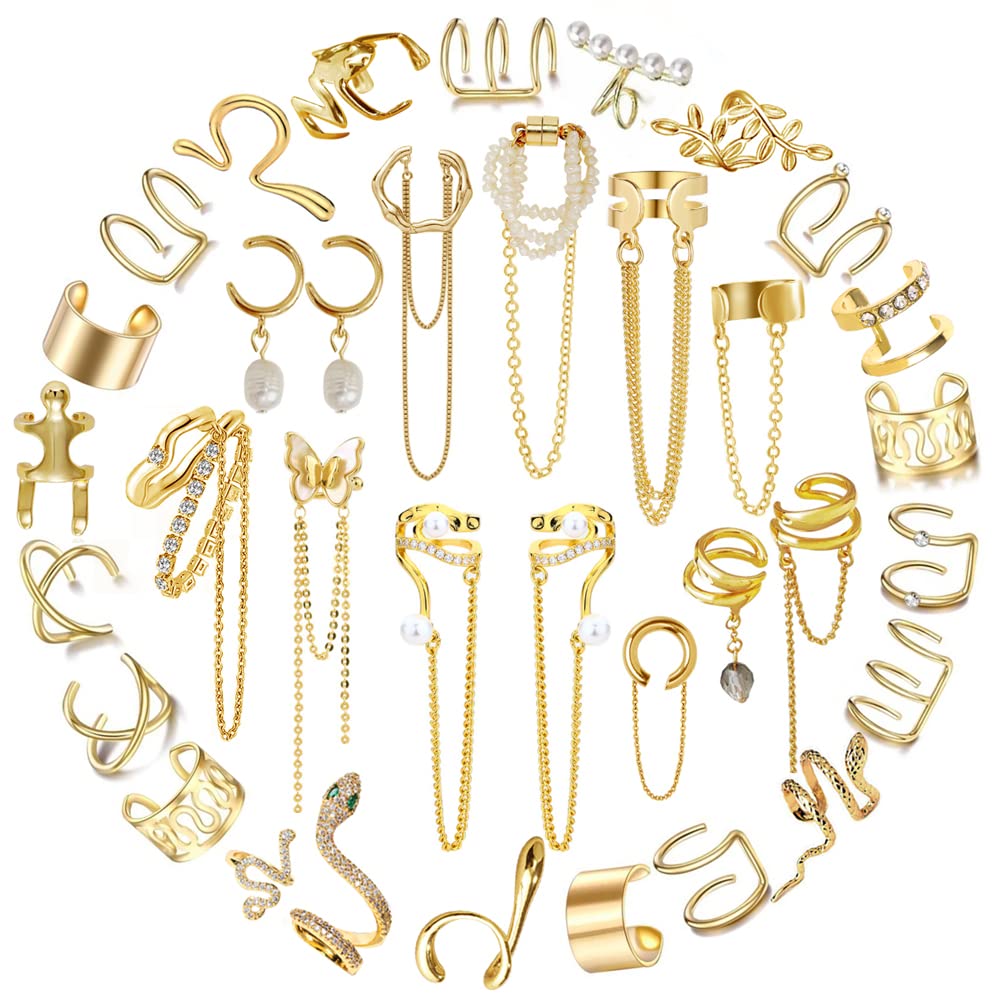 35 PCS Gold & Silver Adjustable Non-Piercing Ear Cuffs for Women - Clip On Cartilage Earrings, Punk Snake Butterfly Wrap Jewelry Set - Perfect for Parties, Gifts & Everyday Fashion Accessories