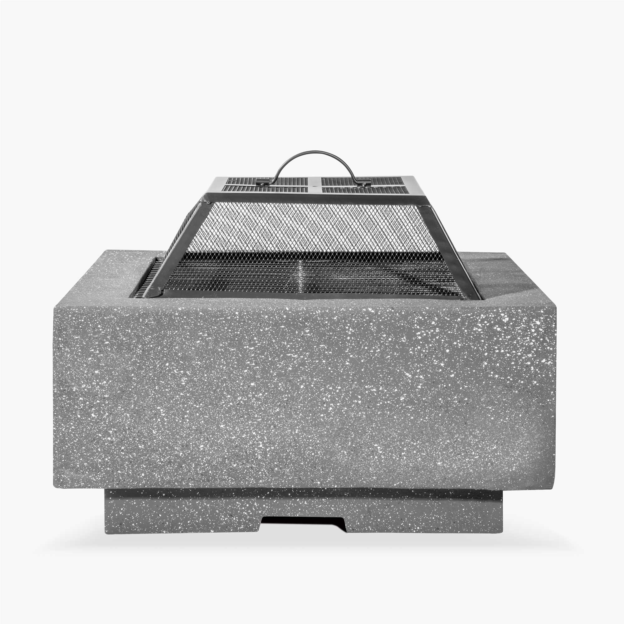 Dark Grey Square MgO Fire Pit with BBQ Grill, Safety Mesh Screen & Fire Poker - Outdoor Camping, Backyard Bonfire, Patio Heating & Grilling