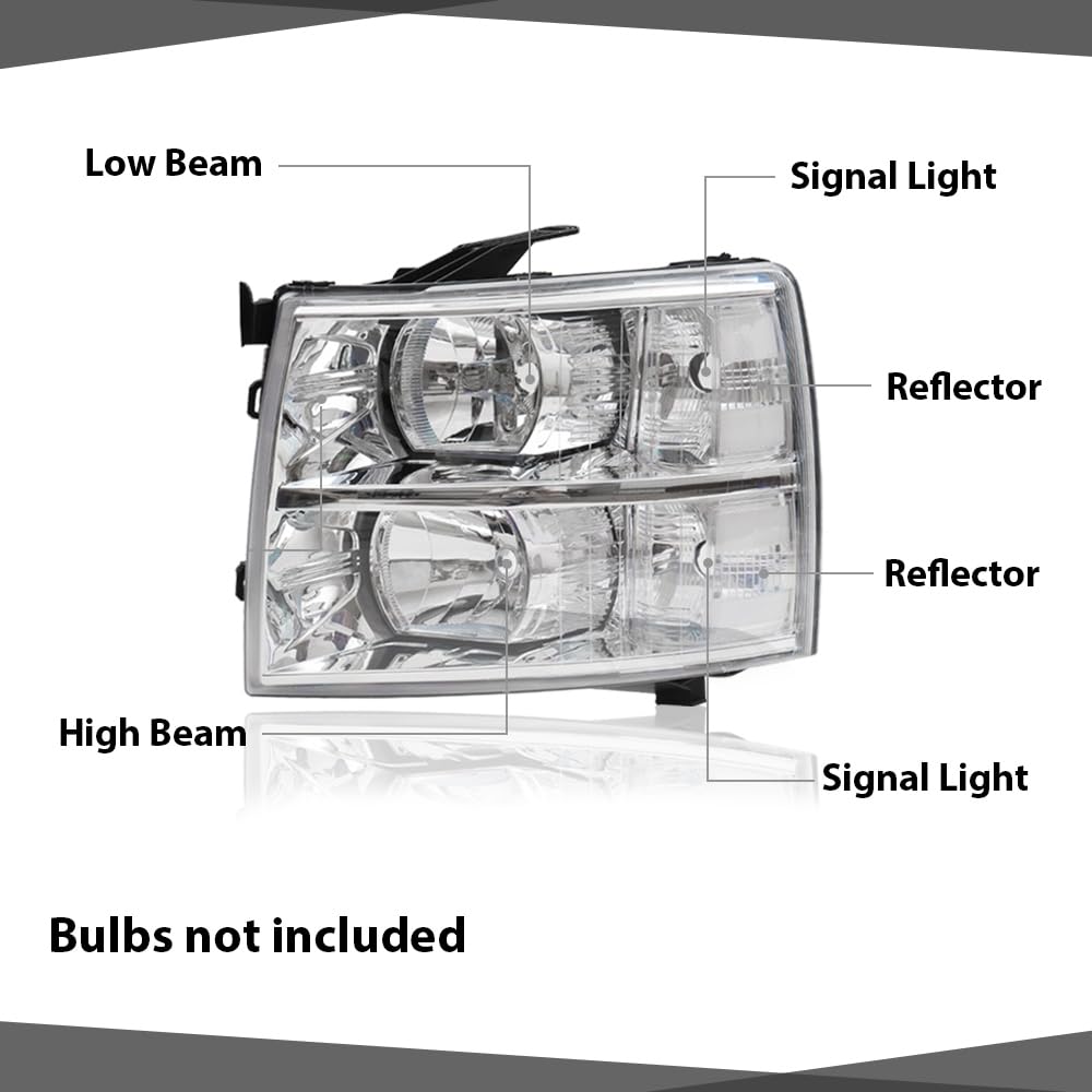 CHEDA Chrome Housing Headlights for 2007-2013 Chevy Silverado 1500/2500/3500 & HD Models - Clear Lens & Reflector - Durable Replacement Headlamp Assembly for Night Driving & Off-Road Use