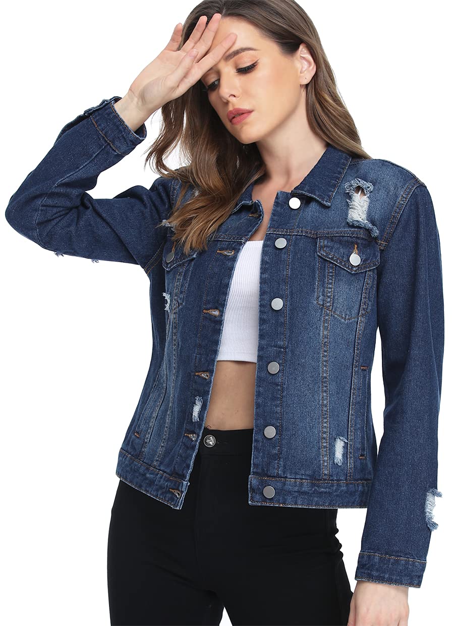 Vintage Ripped Denim Jacket for Women - Button Up Long Sleeve Distressed Trucker Jacket | Casual Outfit, Streetwear Fashion, Spring & Fall Layering