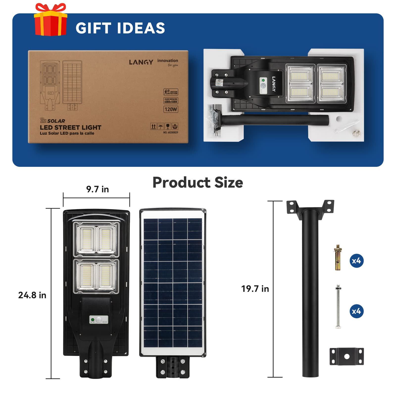 4 Pack 120W Solar Street Lights Outdoor - 240 LED High Lumens Waterproof Security Lights with Auto On/Off & Motion Sensor - Solar Powered Flood Lights for Driveway, Yard, Basketball Court, Garden, and Pathways