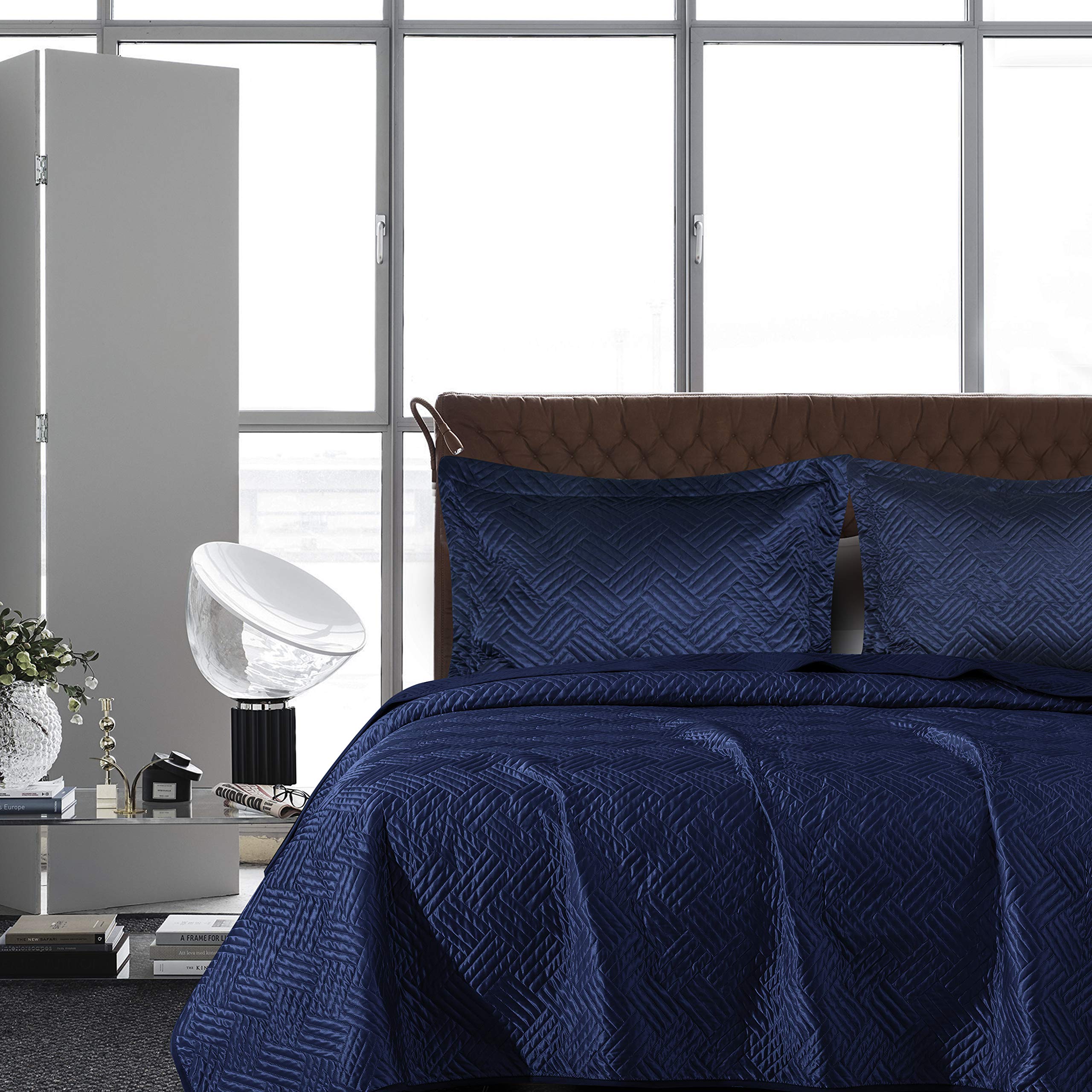 NTBAY Queen Size Silk Satin Quilt Set - Luxury Geometric Pattern Bedspread & 2 Pillow Shams | All-Season Comfort in Navy Blue | Perfect for Master Bedroom, Guest Room & Hotel Decor